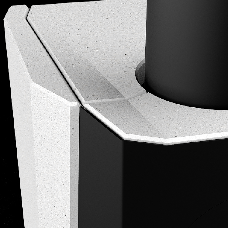 Un travail artisanal complexe fait ressortir la finesse sophistiquée des coins et des arêtes des éléments de pierre coulée.